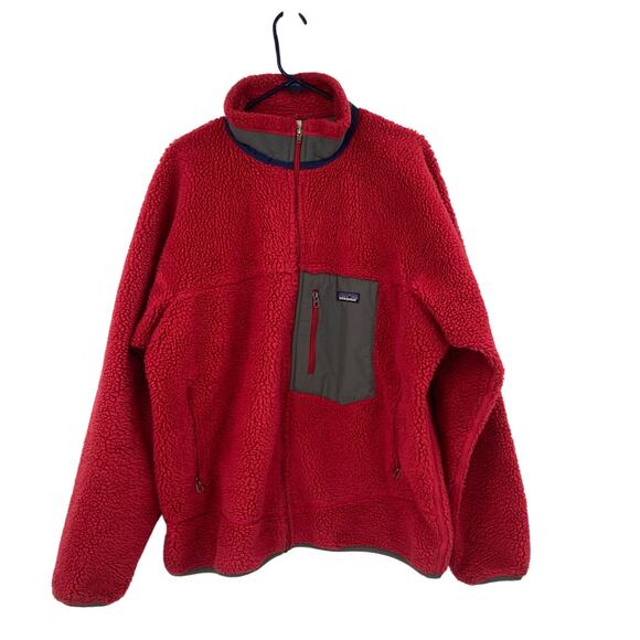 Patagonia Retro Deep Pile Full Zip Pomegranate Red Gray Jacket Men’s XL Pocket - Picture 1 of 9